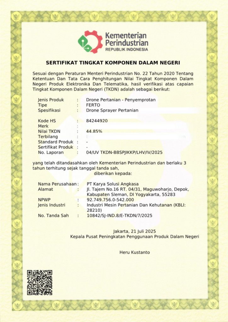 Sertifikat Drone Pertanian dengan Nilai TKDN Tertinggi FDS