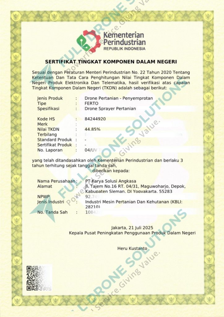 Sertifikat Drone Pertanian dengan Nilai TKDN Tertinggi FDS