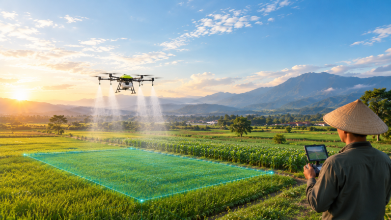 Drone pertanian menyemprot lahan sawah dengan petani mengendalikan remote kontrol di area pertanian Indonesia
