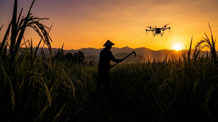 Drone pertanian melakukan penyemprotan di lahan sawah untuk mendukung efisiensi operasional drone pertanian.