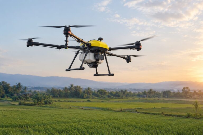 Drone untuk Pemantauan lahan Pertanian mengambil gambar area tanaman dari udara