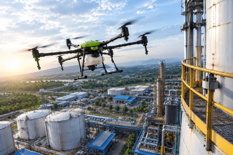 Drone untuk inspeksi industri memantau fasilitas pabrik dari udara